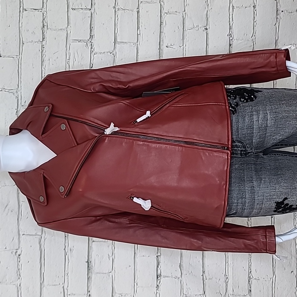 Bagatelle Genuine Leather Moto Biker with Asymmetric Zip Jacket in Paprika - NWT